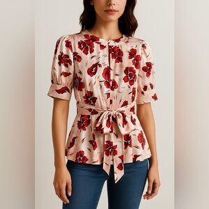 BCBGMAXAZRIA Red Floral Satin Tie-Waist Blouse – Size S (NWT)